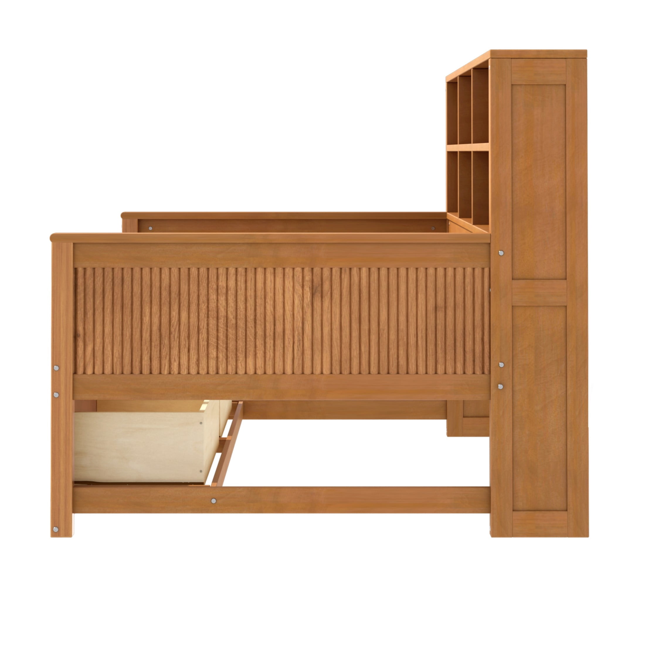 GDF Studio Josha Twin-Size Wooden Daybed with Bookcase Headboard, Storage Drawers & Built-In Charging Station, Walnut