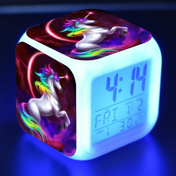 Unicorn Digital Alarm Clocks, 7 Color Changing LED LCD Cube with Lights ...