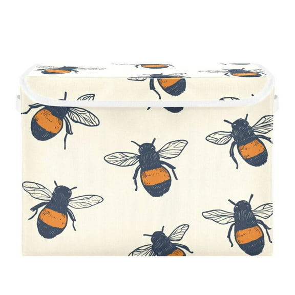 Vintage Bee Design Large Storage Bins with Linen Collapsible Lid Storage Box 16.7 x 12.6 x 11.8in