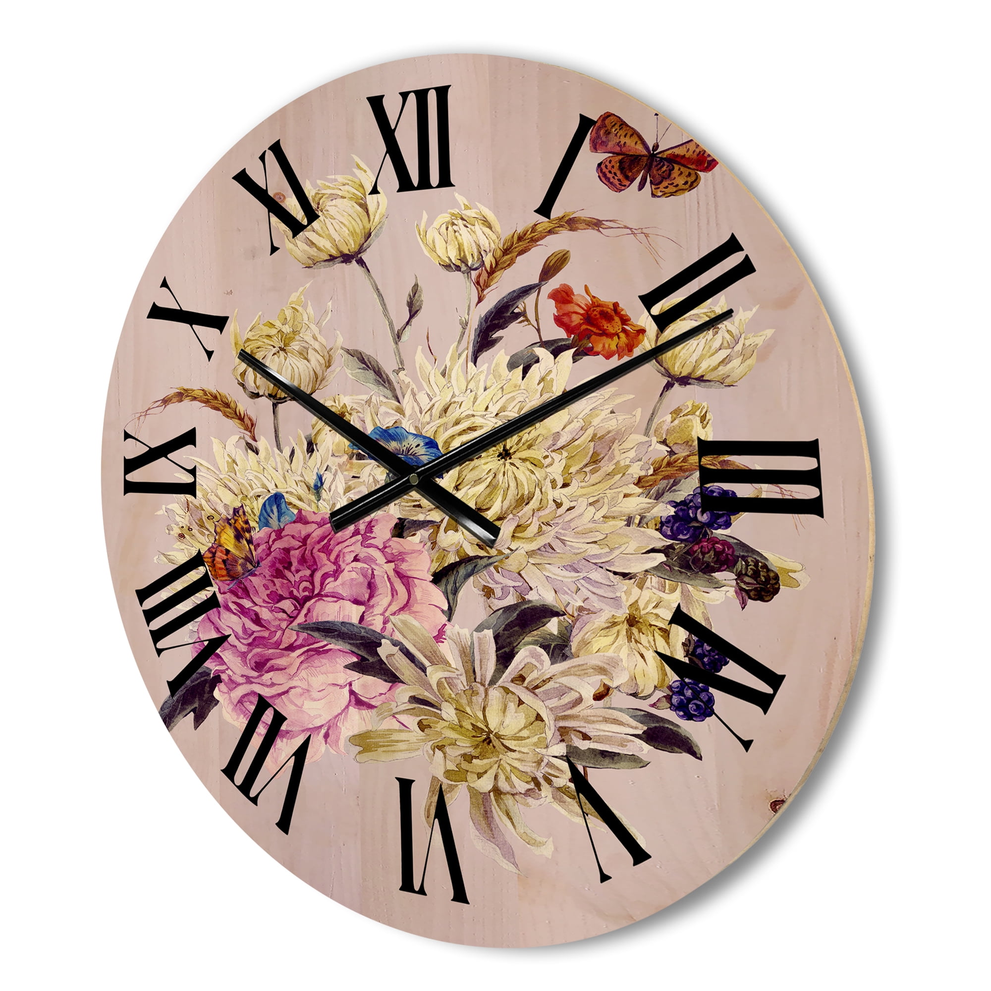 Designart 'Ancient Chrysanthemums With Bouquet I' Traditional Wood Wall Clock