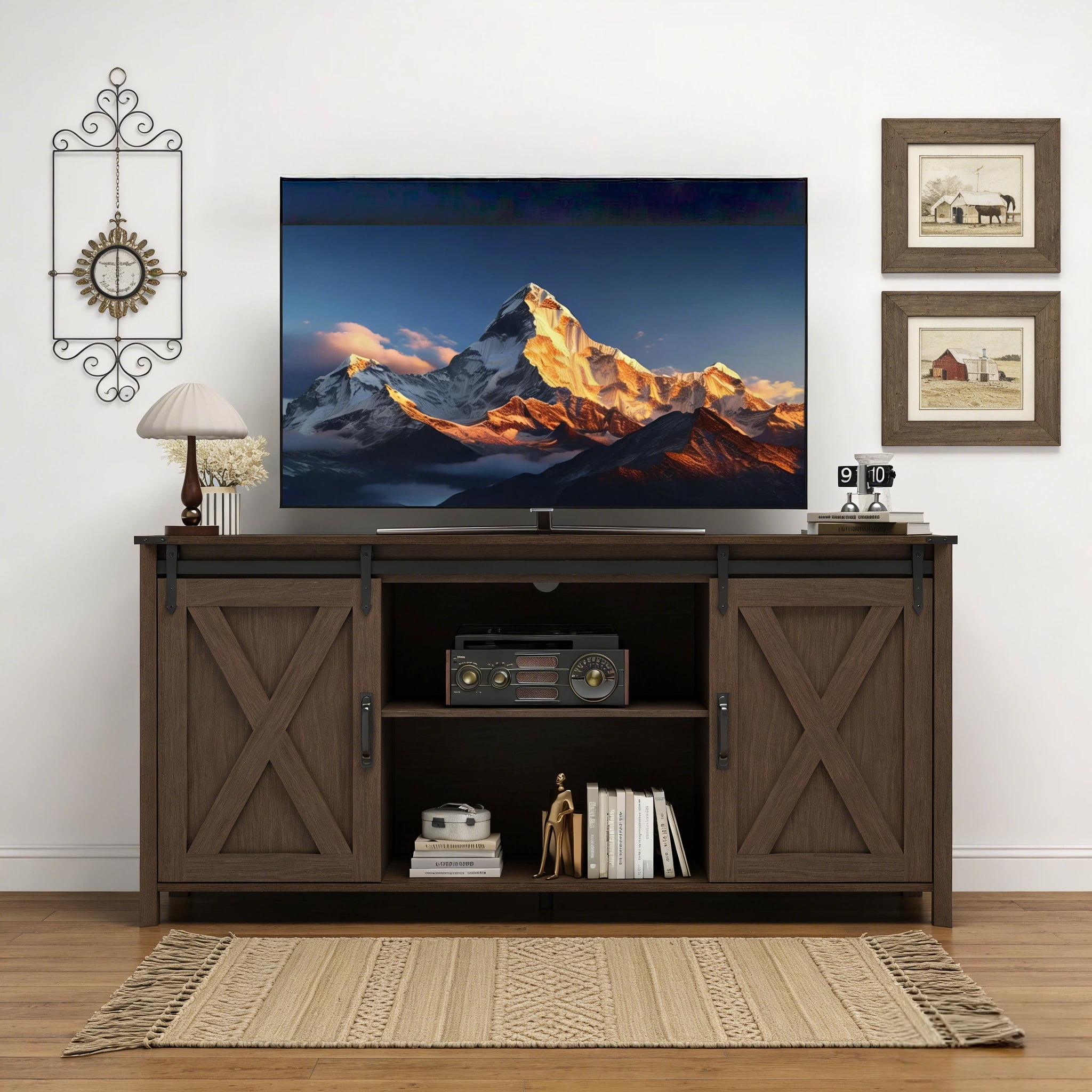 Innovar Farmhouse TV Stand with Power Outlet for TV up to 65", Rustic Entertainment Center W/ Sliding Barn Door & Cabinet, Media TV Console Table with Adjustable Shelve for Living Room, Walnut