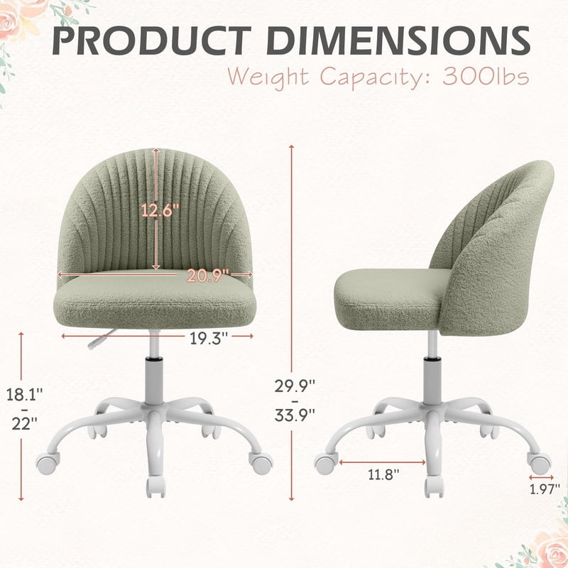 Lacoo Modern Vanity Chair with Back, Teddy Velvet Desk Chair for Bedroom, Living Room or Study,Small Office Chair,Green