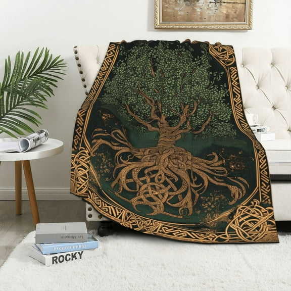 Celtic Tree of Life Flannel Throw Blanket Soft Cozy Warm Large Yggdrasil Mythology Fleece Blanket for Couch, Bed, Adults, Holiday Christmas Gift