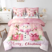 Manfei Winter Cute Snowman Bedding Comforter Set 7pcs, Merry Christmas Queen Bedding Sets, Teens Boys Girls Kids Reversible Queen Sheet Sets, Ultra Soft Home Decor