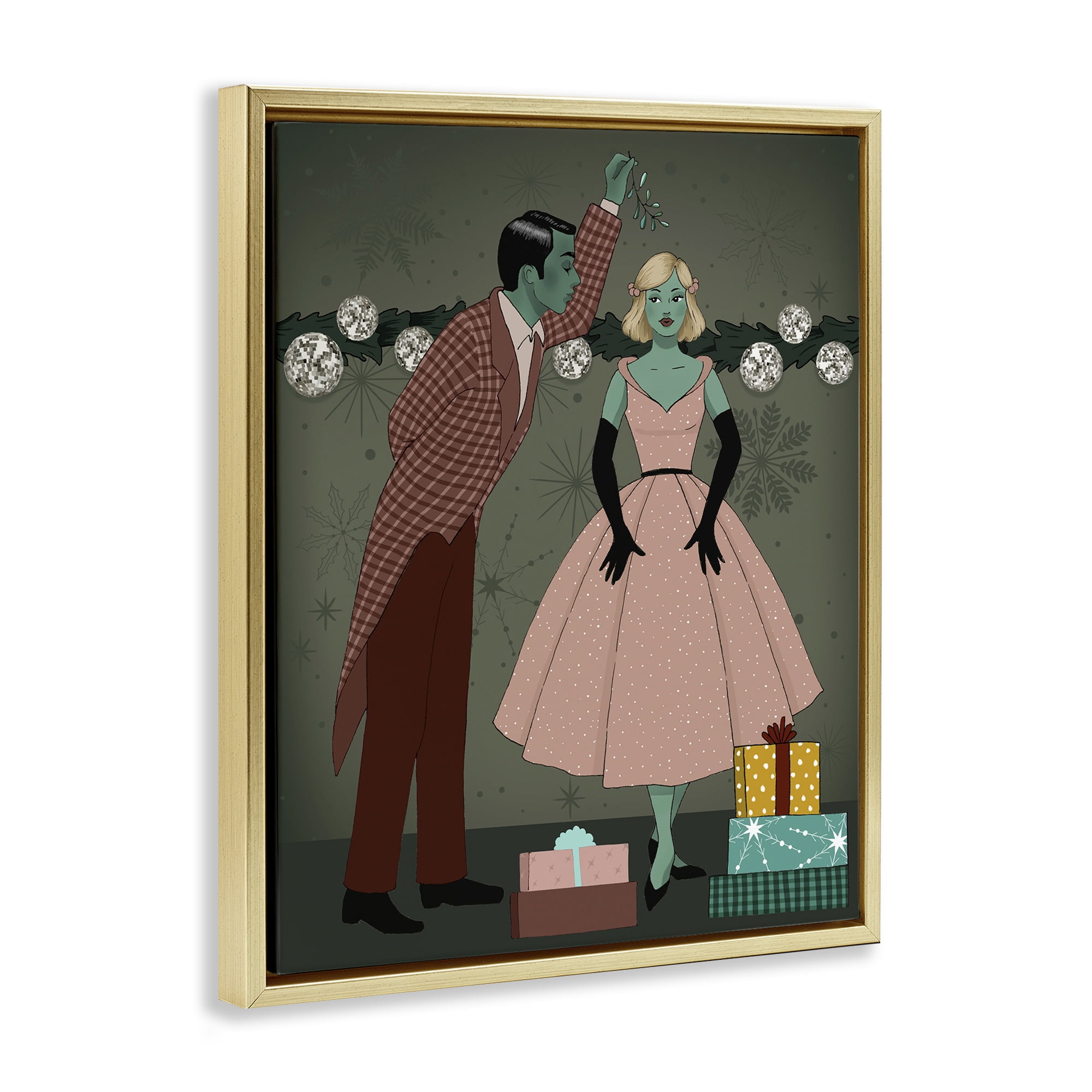 Stupell Industries Romantic Christmas Kiss Holiday Painting Gold Floater Framed Art Print Wall Art, 17 x 21