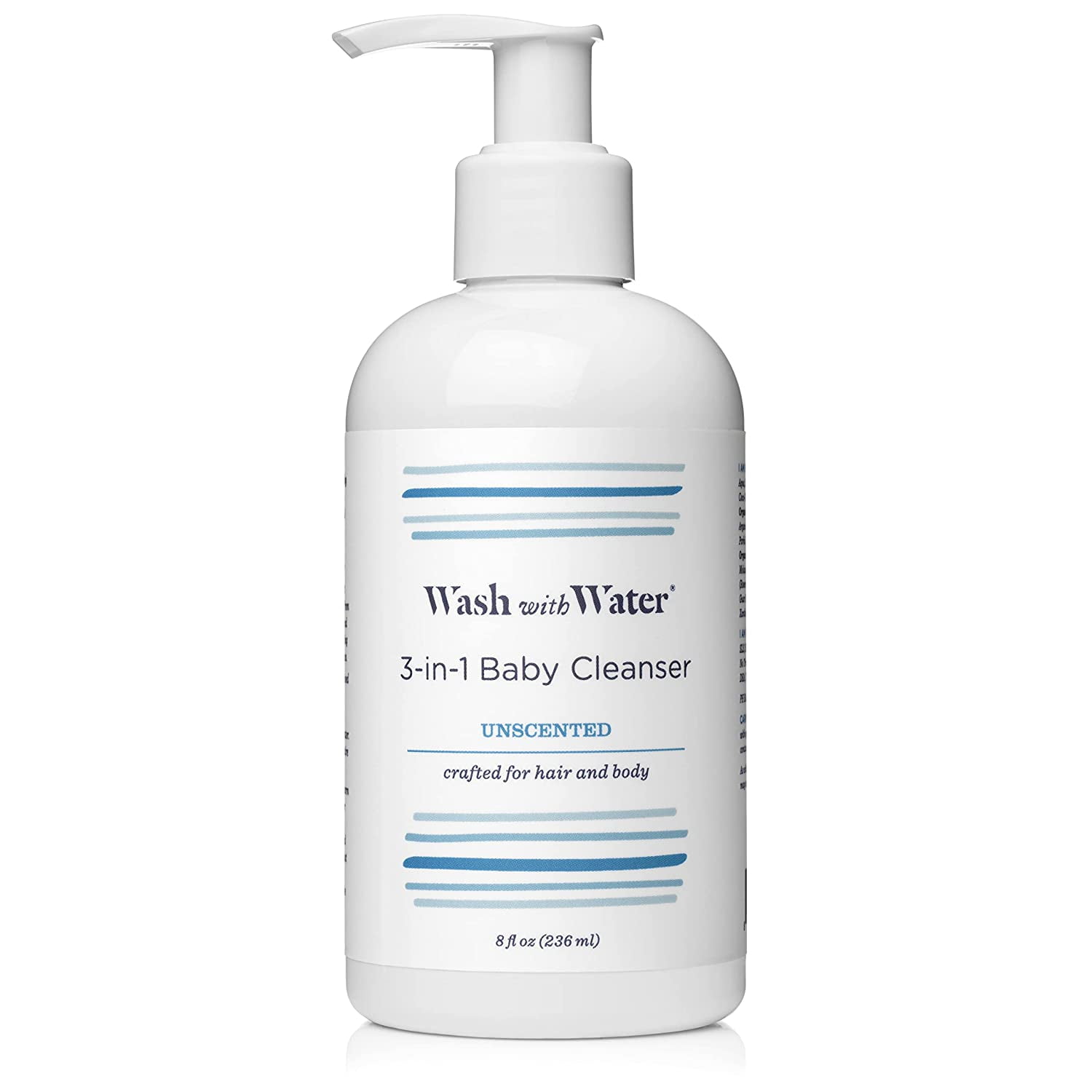 Wash With Water | 3-in-1 Baby Cleanser, Shampoo, Bubble Bath [Unscented] | Daily Hydrating Body & Hair Wash for Baby, Mom & Family | Vegan, Cruelty Free & Fragrance Free | 8 oz Pump Bottle (Pack of 1)
