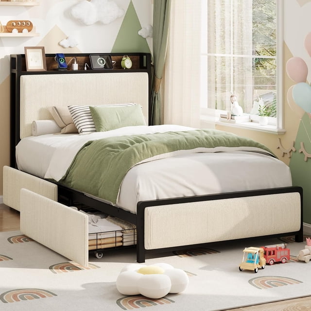 Eastvita GAOMON Twin Bed Frame Rustic Velvet Upholstered with 2 Storage Drawers/Charging Station/Storage Headboard. No Box Spring/Easy Assembly/Noise Free