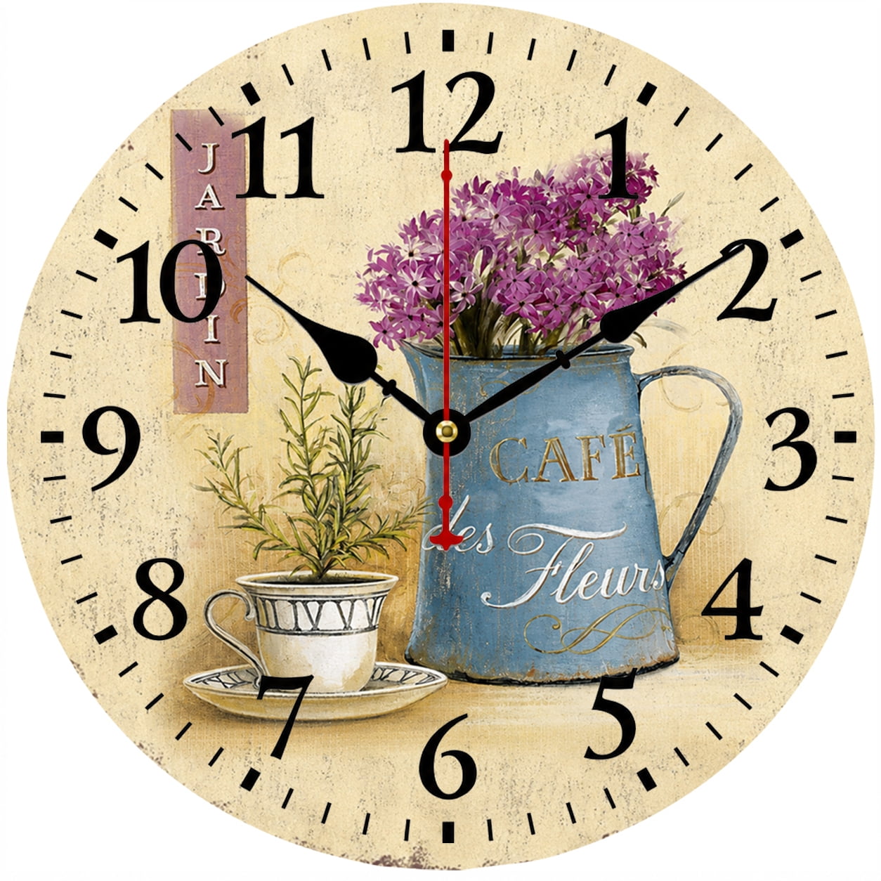 CozyHour 9.84 Inch Vintage Wall Clock, Farmhouse Floral Decorative Clock with Large Numbers, Rustic French Country Round Clock for Kitchen Living Room Bedroom Office Home Decor