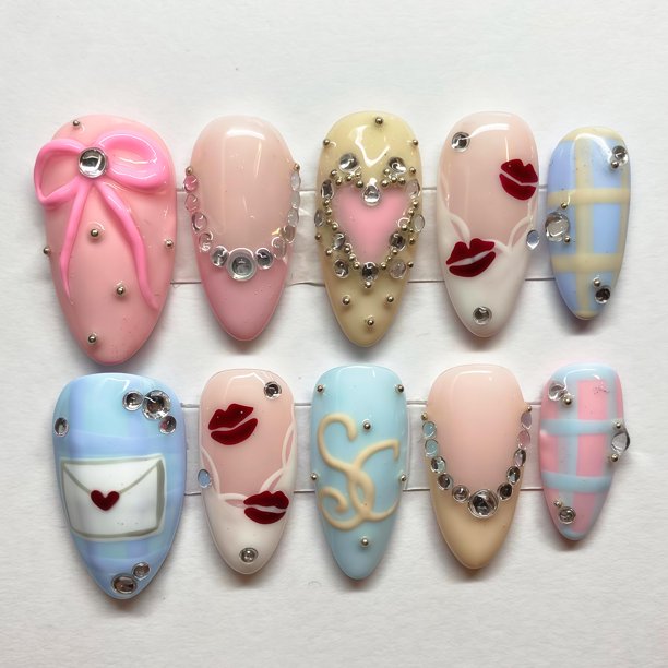 Uñas postizas Press On BUNLVDI, set mediano almendra con gemas para San Valentín