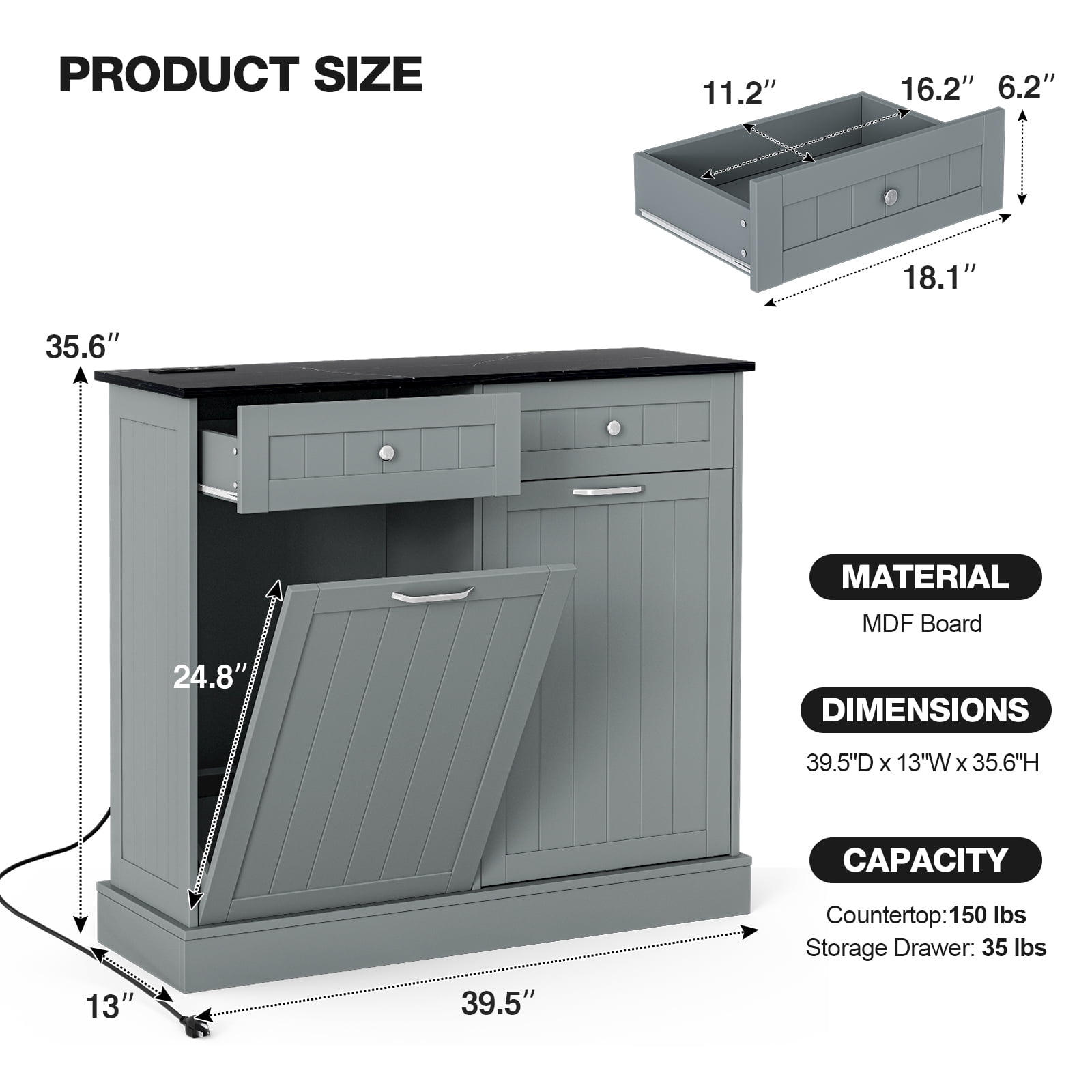Double Tilt Out Trash Cabinet with Charging Station, Upgrade Wooden Free Standing Trash Cabinet with Outlet, Recycling Cabinet with Hideaway Drawer, 20 Gallon Tilt Out Trash Cabinet(Grey)