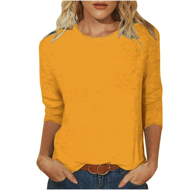 Timegard Hauts d'Été pour Femmes Col Ras du Cou Manches 3/4 Couleur Unie T-Shirts Basiques Confortables Hauts Décontractés Amples