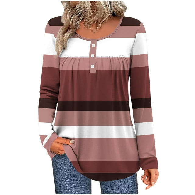 HAiming Womens Color Block Tops Striped Long Sleeve V Neck Button Pleated Casaul Pullover Blouse Trendy Clothes