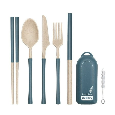 

Eco-Friendly With Utensil Box Outdoor Camping Cutlery Set Knives Fork Spoon Chopsticks Straw Set Dinnerware Set Tableware DARK BLUE