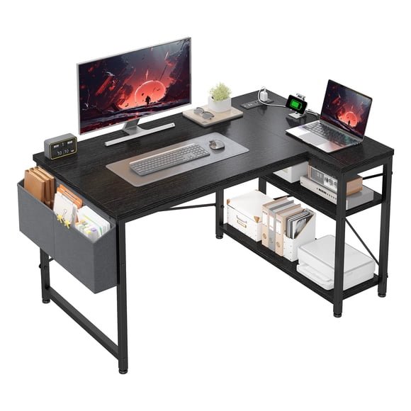 Exenoray L-Shaped Computer Desk with Power Outlet, 40" Reversible Corner Desk with Storage Shelf & Fabric Organizer, Space-Saving Home Office Workstation, Black