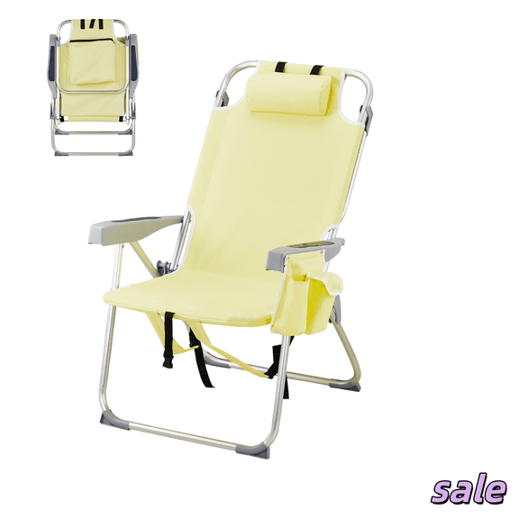 GZXS Folding Beach Chair with Side Pocket & Cooler Pouch, 5-position Adjustable Reclining Chair, Portable Camping Chair for Outdoor, 15.4" Seating Height, Yellow