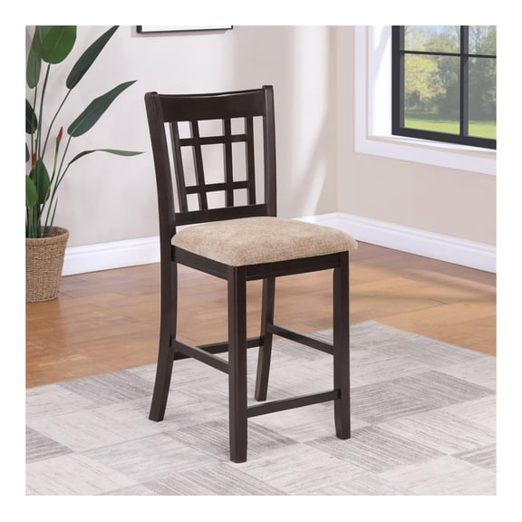 Tan and Espresso Lattice Back Counter Height Stools (Set of 2) Solid   Brown   Espresso   Dining Room   Foam   Spot Clean   Transitional   Rubberwood   Open Back   Foam   Faux Leather