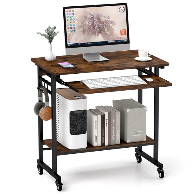 Giantex Table de Surlit avec Roues, Station d'Ordinateur pour Bureau à Domicile avec Plateau de Clavier Coulissant, Chariot Roulant pour Portable