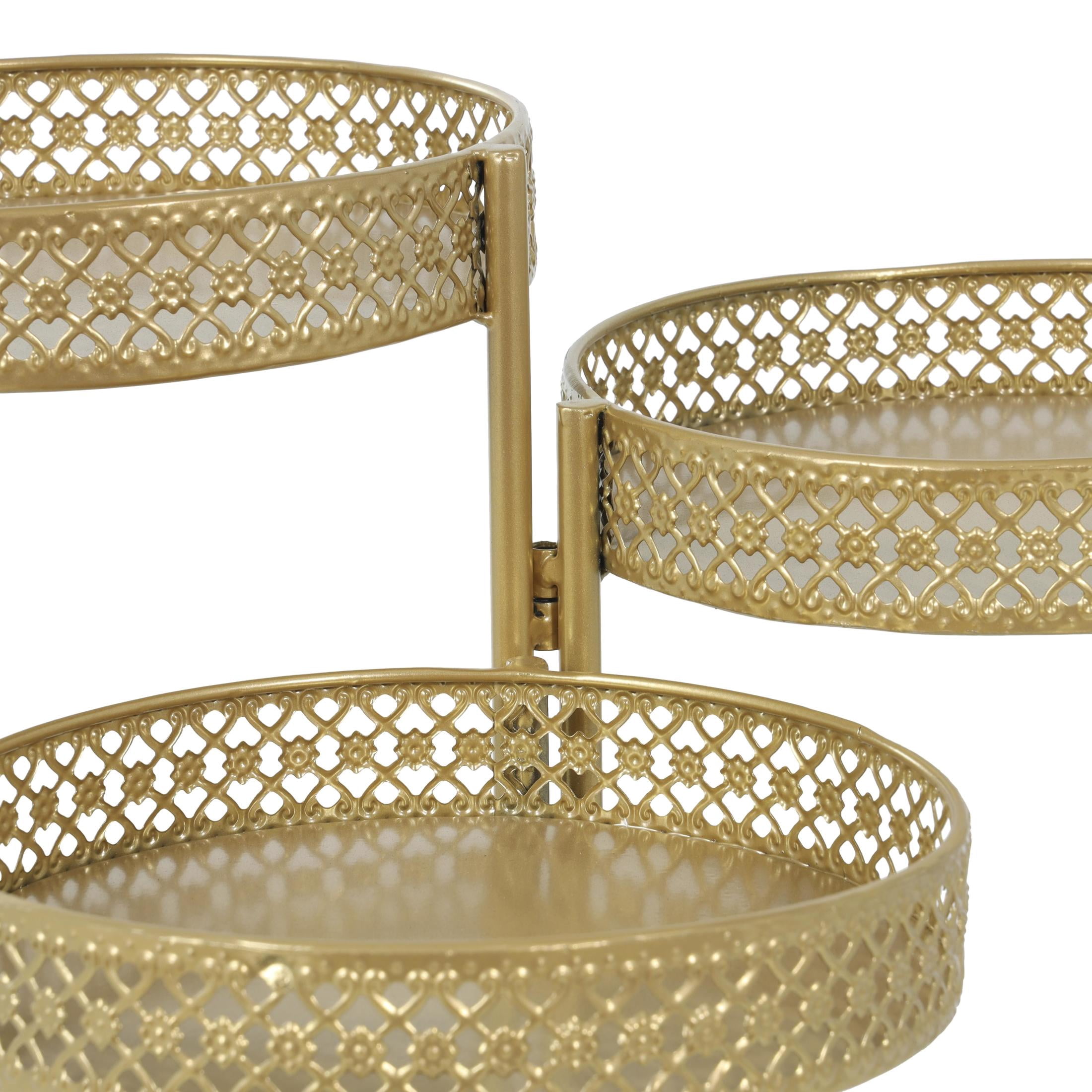 DecMode 17" x 17" x 20" 3 Tier Gold Metal Curved Folding Plantstand with Floral and Scroll Patterns