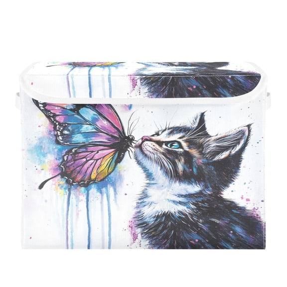 Storage Box With Lid 16.5x12.6x11.8In Foldable Stacked Household Storage Box Colorful Cat Butterfly