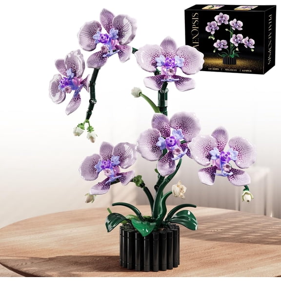 Purple Orchid Building Block Set with Vase 619 Pcs, Phalaenopsis Floral Model Kits, Compatible with Lego Flowers for Mother's Day, Anniversary, Birthday for Adults & Teens