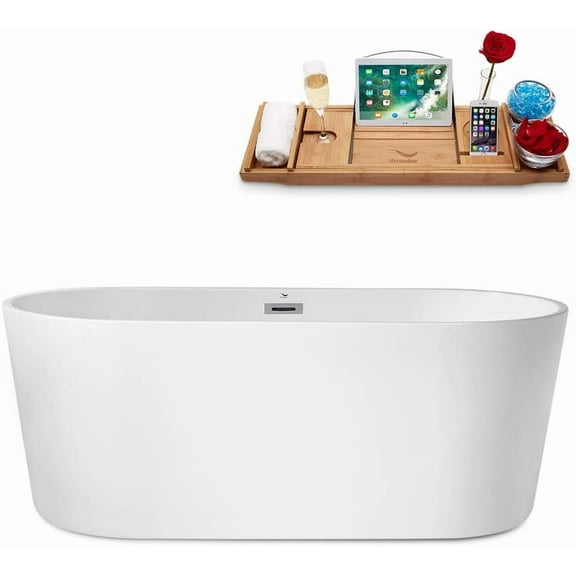 62" Streamline N-2180-62FSWH-FM Freestanding Tub and Tray With Internal Drain