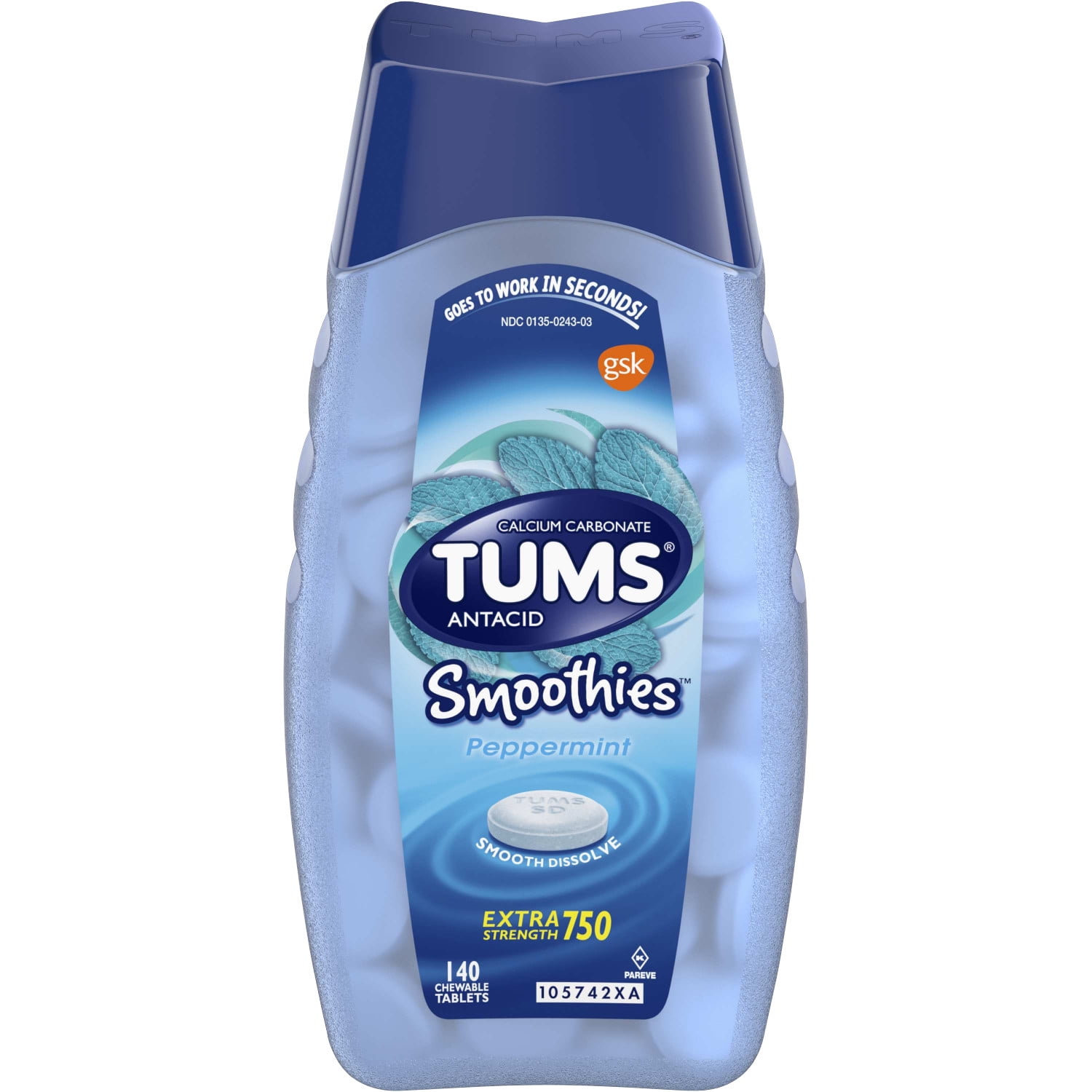 TUMS Smoothies Peppermint Extra Strength Antacid Chewable Tablets for