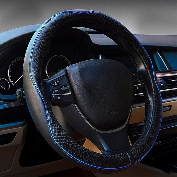 JINLONG Microfiber Leather Steering Wheel Cover, 14.5-15 Inch Anti-Slip, Universal Fit Car Interior Accessories for Men Women, Black with Blue Line