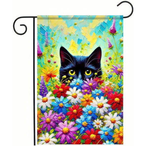 Spring Black Cat Garden Flag 12 x 18 Inch Double Sided Floral Outdoor House and Yard Decoration Banner