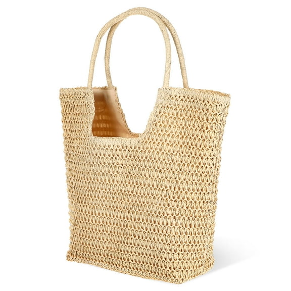GOOHOCHY Straw Tote Zippered Straw Beach Bag Straw Woven Bag Women Handbag Summer Bag Straw Purse Shopping Handbag