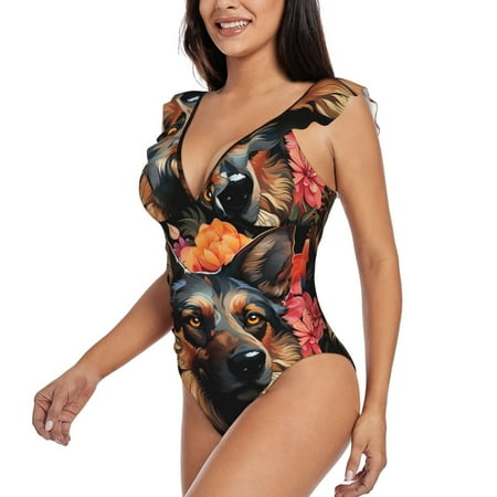 KLL Colorful Flower German Shepherd for Women s Ruffled One Piece Swimsuit Tummy Control Bathing Suit V Neck Swimwear