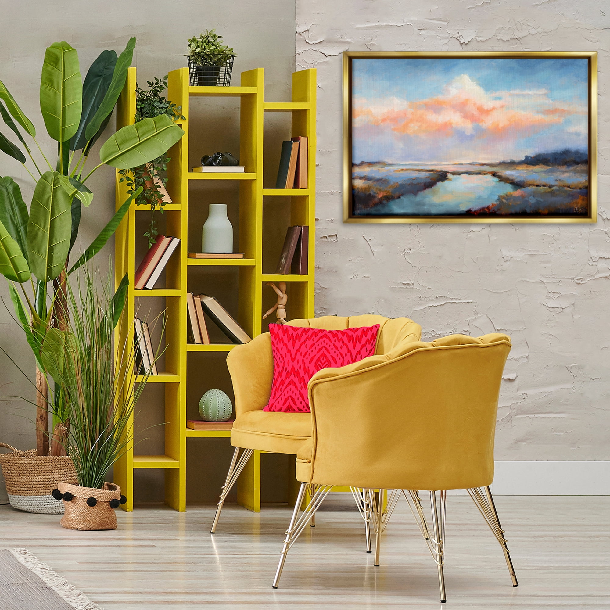 Stupell Industries River with Pastel Clouds Landscape & Nature Painting Gold Floater Framed Canvas Art Print Wall Art, 31 x 21