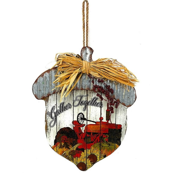 Mayrich Acorn Decor Thanksgiving Fall Autumn Wood Metal Decor Wall Door Inside Outside 12" x 12" Gather Together