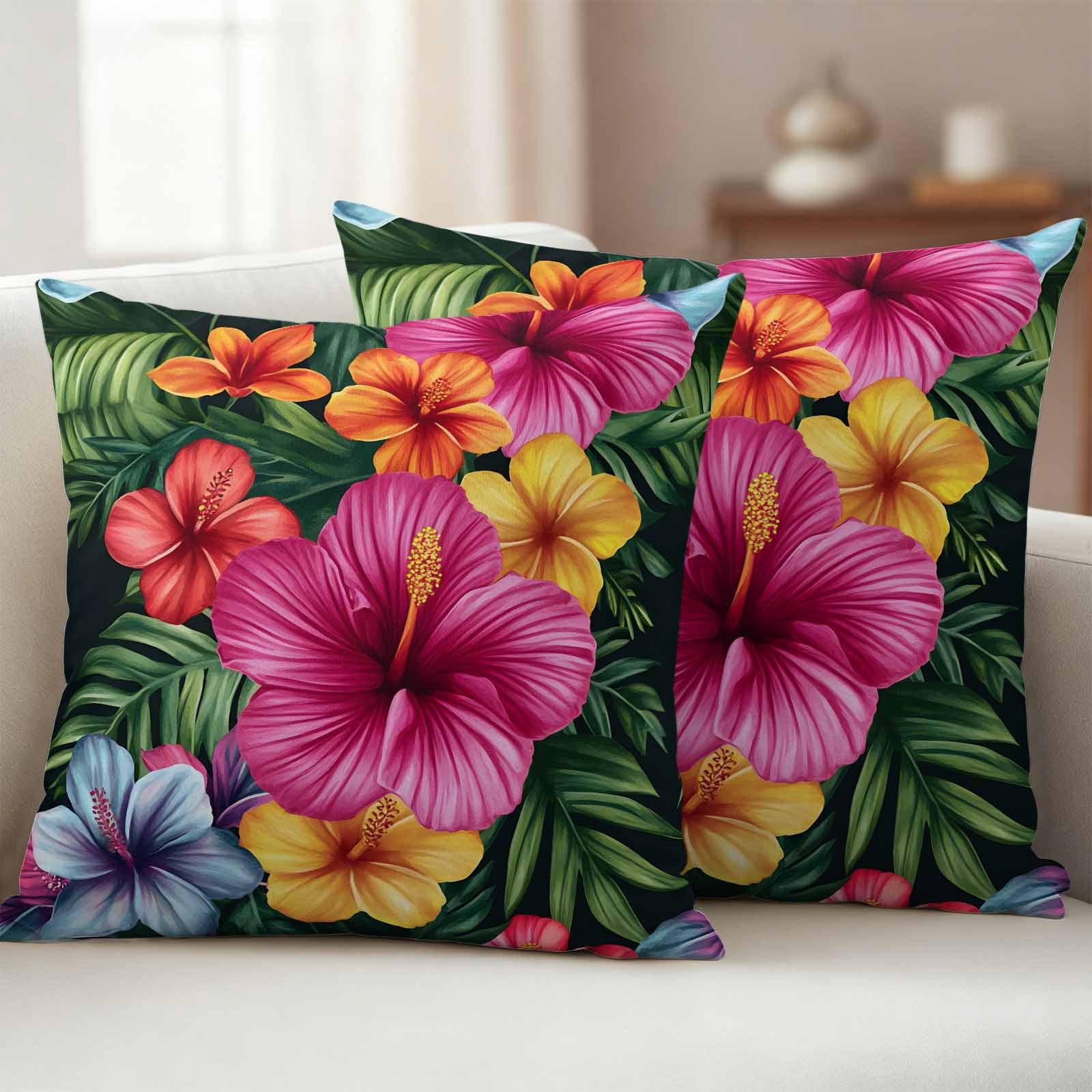 Outdoor Pillow Covers Hibiscus Flower Pink Floral Waterproof Pillow Cases 18x18 Set of 2, Country Watercolor Green Leaves Throw Pillow Cover Pillowcase for Patio Balcony Couch Garden