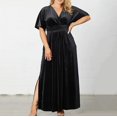 thumbnail image 2 of Ashirexll Formal Dresses for Women Plus Size Short Sleeve V-Neck Waist Cinched Solid Color Velvet Long Dress Wedding Guest Dresses for Women Black XXL, 2 of 5