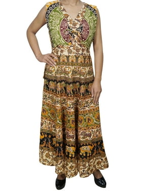 Mogul Womens Jungle Love Festive Long Dress Handmade Block Print Sleeveless Cotton Summer Dresses