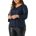 thumbnail image 4 of Agnes Orinda Women's Plus Size Sequin Top 3/4 Sleeve V Neck Glitter Evening Sparkle Shimmer Party Blouses 1X Navy Blue, 4 of 6