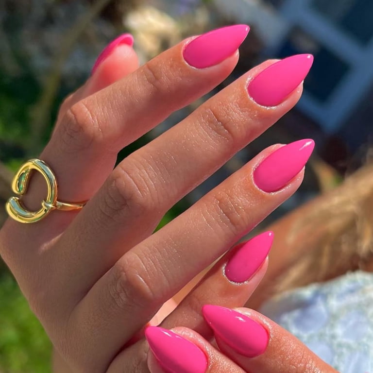 Hot Pink Press on Nails Almond Nails, Glossy Fake Nails Glue on Nails  Medium Length Nails,Natural Acrylic Nails Press ons Nails,Gel Nails Glossy  False Nails Stick on Nails Set in 24 PCS