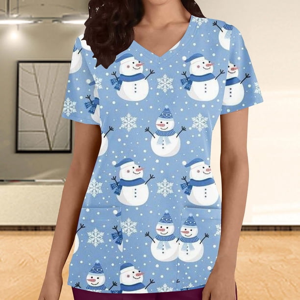 Fiudx Ofertas Flash Del Día Blusa de Manga Corta con Cuello En V para Mujer, Uniforme de Trabajo, Impresión de Bolsillo
