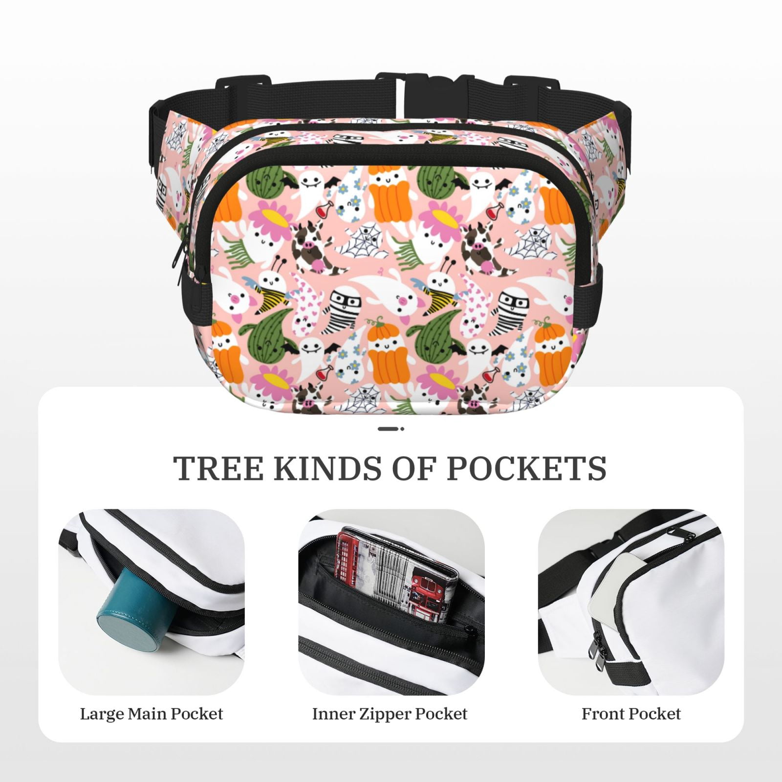 Kuqiui Cartoon Halloween Print Fanny Packs for Women Cross Body Waist Bag Fashionable Fanny Pack Designer Workout Hiking Waist Pack Running Travel Gym