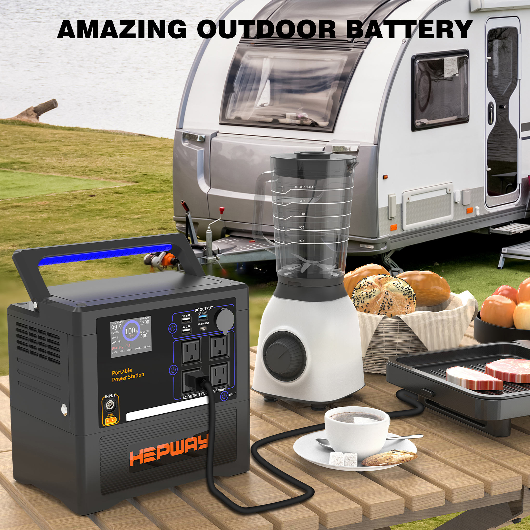 HEPWAY Portable Power Station 2400W Peak, 1154Wh Lithium Battery, QC3.0 USB-C 4X120V AC Output 1300W, Support Refrigerator Mode With 4*Cooling Fans Solar Generator For Camping RV Home(No Solar Panel)