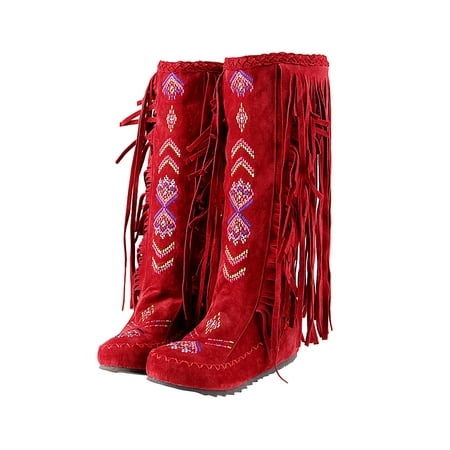 

Hvyesh Womens Boots Clearance Womens Plus Size Fall Winter Retro Tassel Inner Sloping Heel Flat High Warm Plush Boots