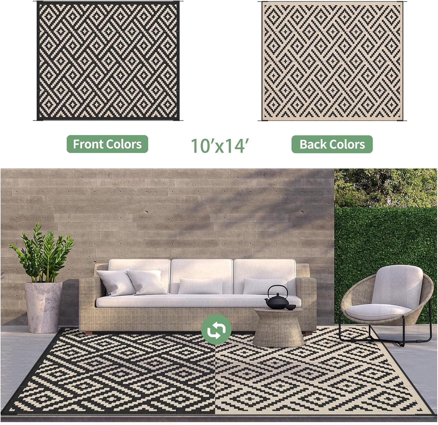 DEORAB Outdoor Rugs Waterproof Plastic Straw Mat 10'x14' Reversible for RV Patio Deck Beach Black & Beige