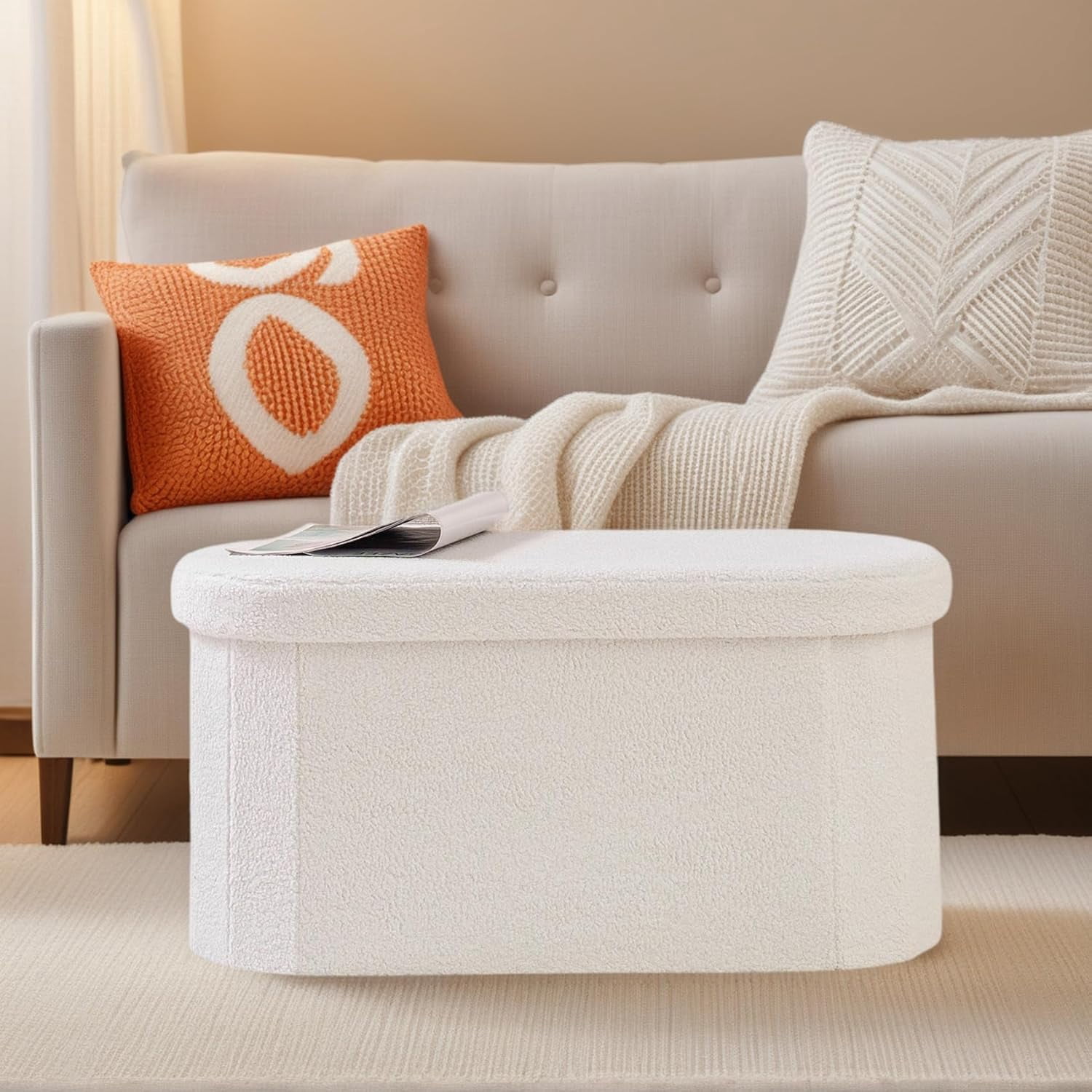 30 Inches Ottoman with Storage, Bedroom  Foot  for Living Room, White Oval Folding Stool