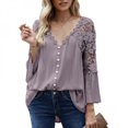 thumbnail image 1 of PENGXAING Ladies Lace top Long Sleeve Pure Color Deep V Pullover Chiffon Shirt, 1 of 6