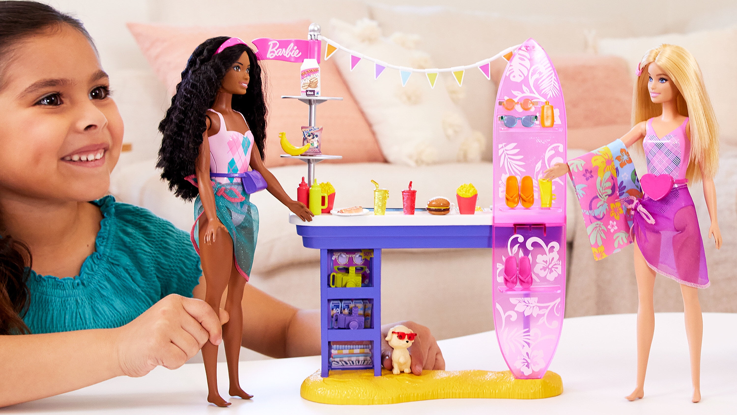 Barbie Beach Boardwalk Playset with Barbie “Brooklyn” & “Malibu” Dolls, 2 Stands & 30+ Accessories