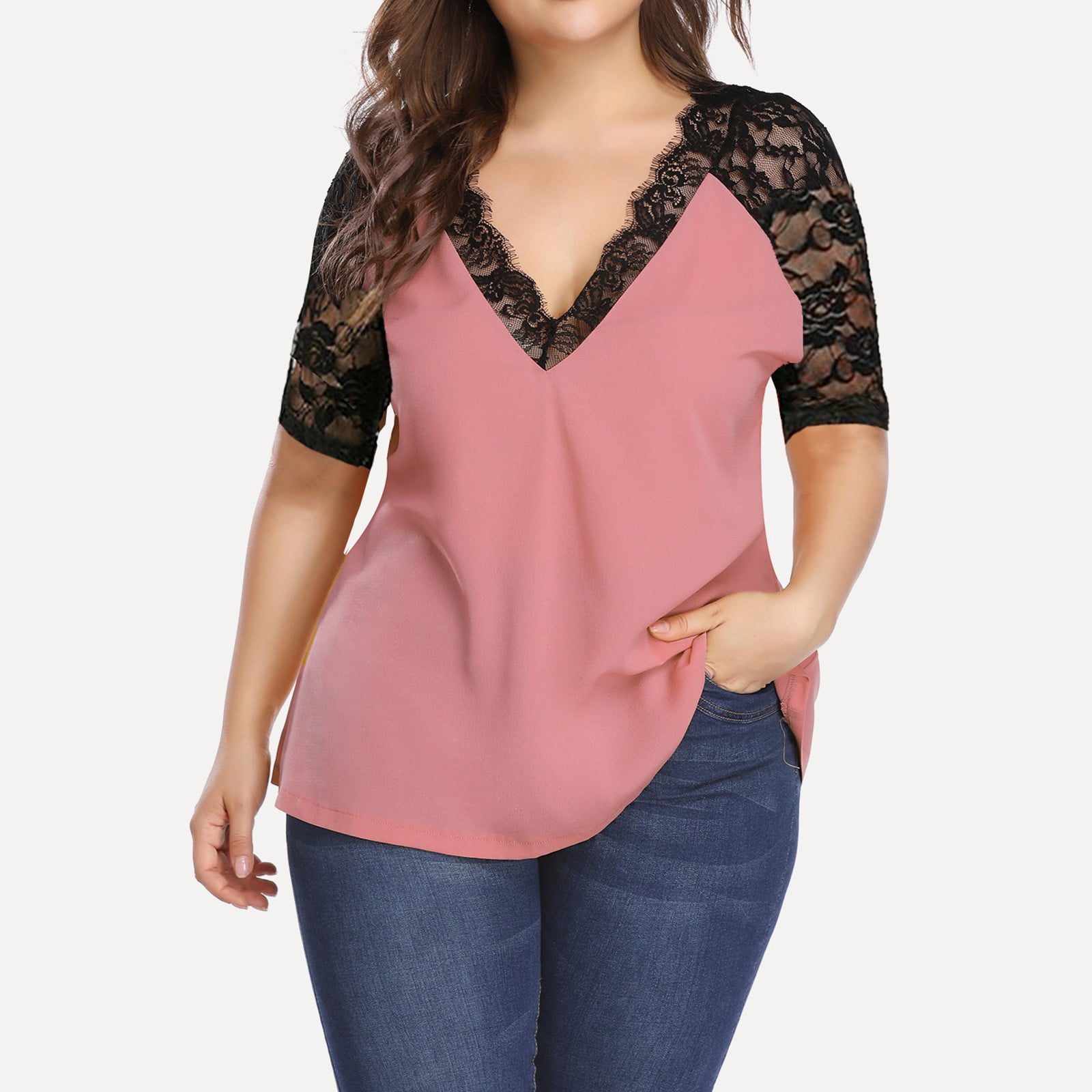 KAIXLIONLY W Plus Size T-S Lace P Sy S S Cn Tops S C L B Tee Tops B O P  US $4.24