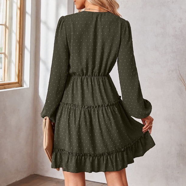 Vestido Midi Fluido Para Mujer, Costura De Encaje, Manga Larga, Vestido Oscilante, Tela De Lunares, Suave Y Cómodo Para Fiesta