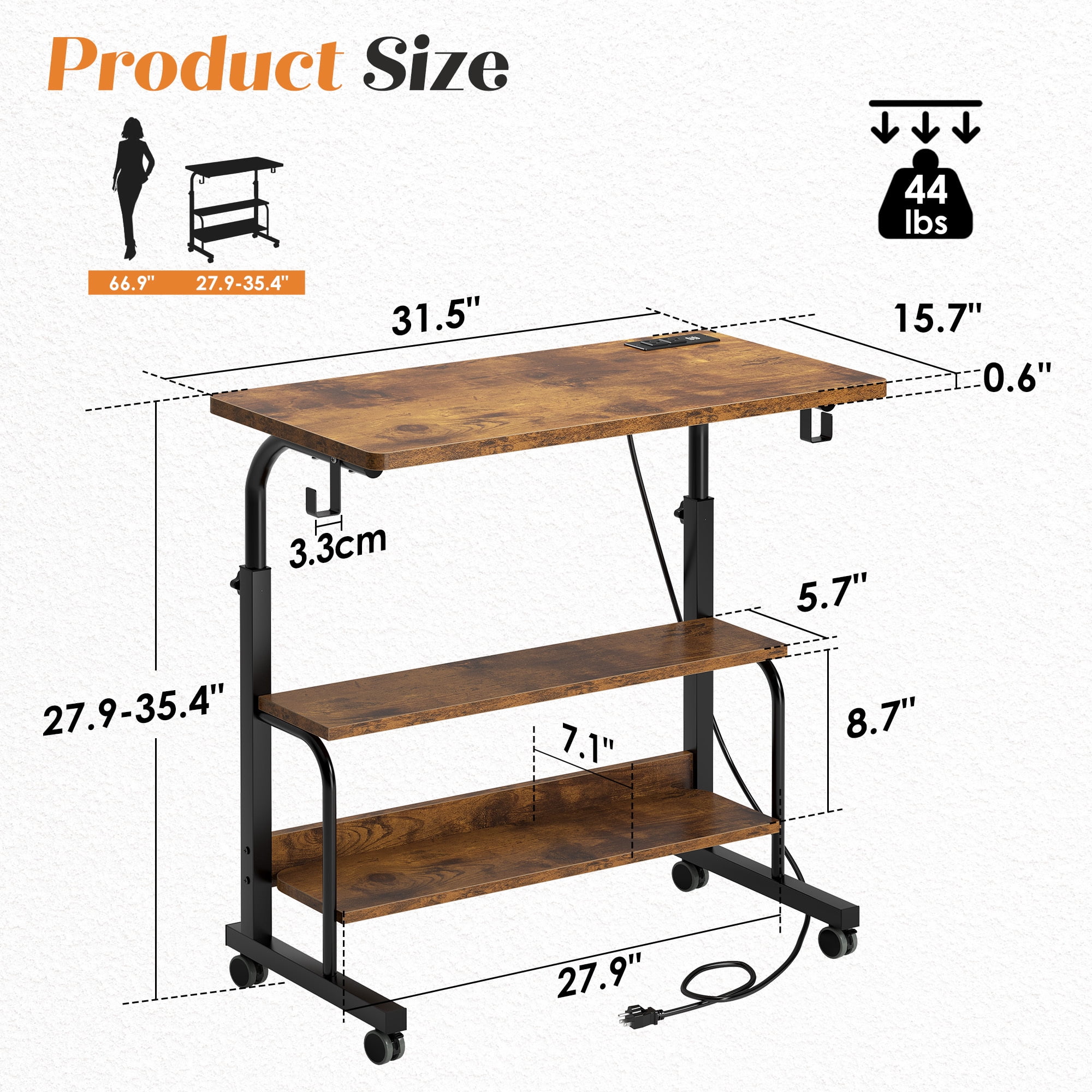 Soges 31.5" Height Adjustable Computer Desk with Charging Station, Adjustable Side Table Movable Laptop Desk with 2 Storage Shelves, Adjustable Desk on Wheels for Home Office, Sofa, Bed, Rustic Brown