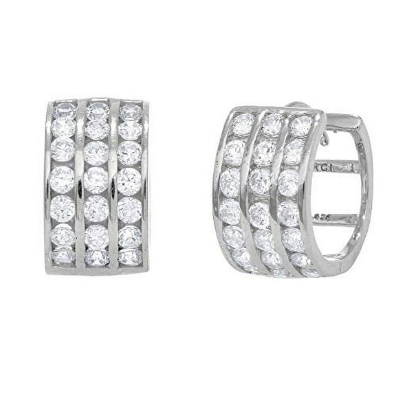 JewelStop Sterling Silver Silver Rhodium Channel Set CZ Three Row Huggie Earrings - 7x13mm