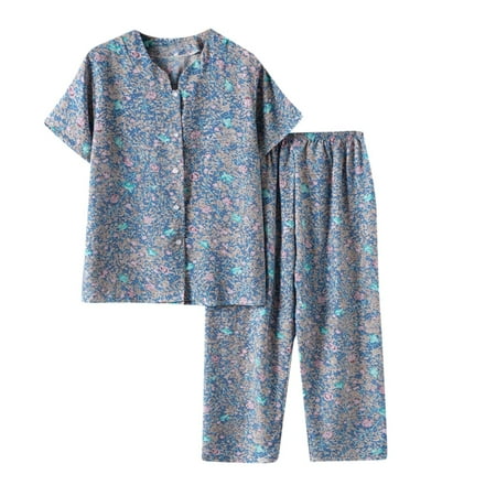 

Xihbxyly Linen Sets for Women 2 Piece Button Down Pajamas for Women Plus Size Summer Outfits Printed Loungewear Short Sleeve Button Down Two Piece Shirt Cropped Pants Sky Blue L Clearance for Women